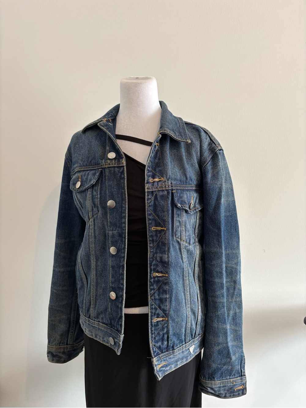 Y2K Medium Wash Denim Trucker Jacket Triangle Logo Minimal Jean Jacket